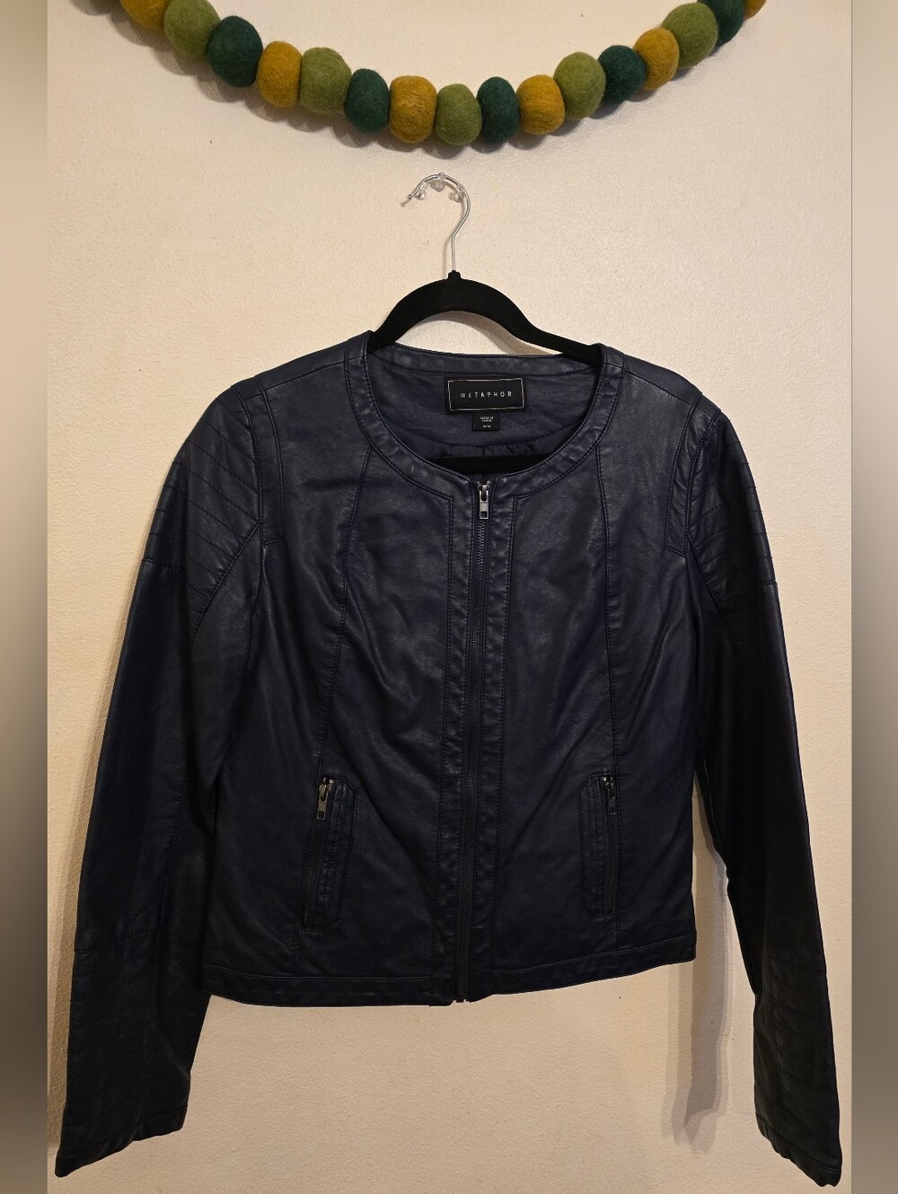 Metaphor Women's Jacket Moto Faux Leather Navy Blue Short Length Excellent